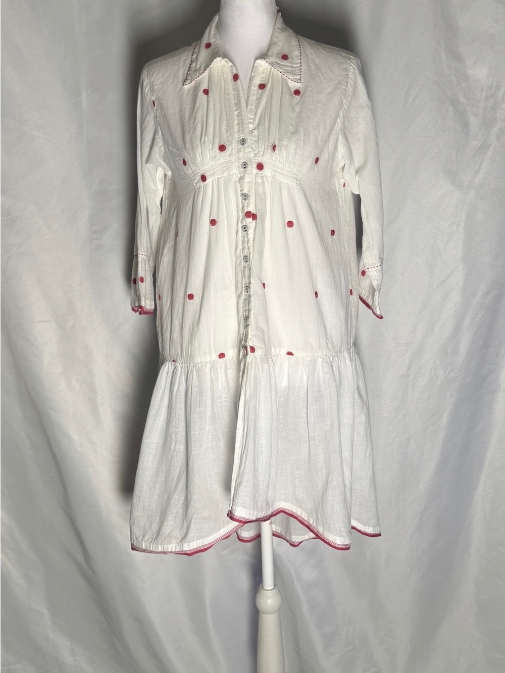 White Embroidered Polka Dot Tiered Mini Dress Size Medium Boho Cottagecore
